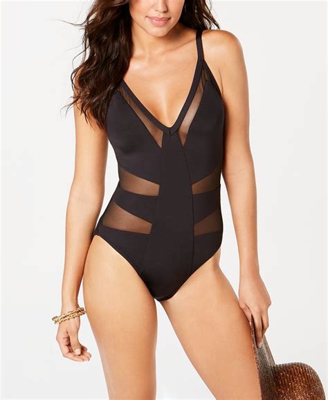 Kenneth Cole Mesh Inset Plunging One Piece Swimsuit Macys