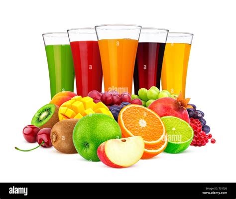 Fruit Juice Concept Glasses Of Different Juices And Pile Of Fruits And Berries Isolated On
