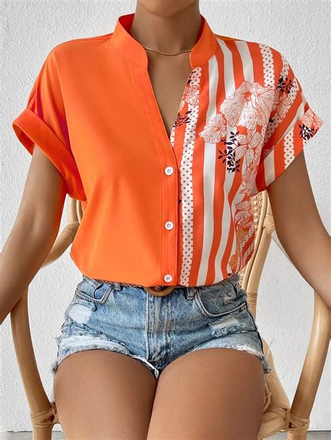 floral and striped print button up shirt shein usa camisa floral office outfits blouses for