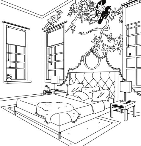 Bedroom Interior Design Drawing Sketch Coloring Page