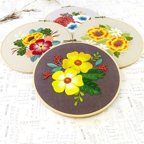 Diy Flower Embroidery Kits Needlework Kit Cross Stitch Sets With Hoop