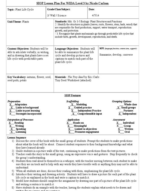 Siop Lesson Plan Wida Level 3 Lesson Plan Flowers