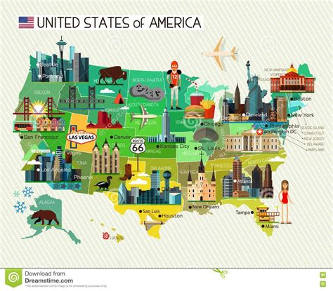 Map Of The United States Of America And Skyline Travel Icons Stock