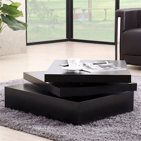Uenjoy Black Square Coffee Table Rotating Contemporary Modern Living