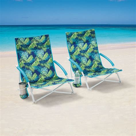 Mainstays Soft Arm Low Seat Beach Bag Chair Green Palm 2 Pack