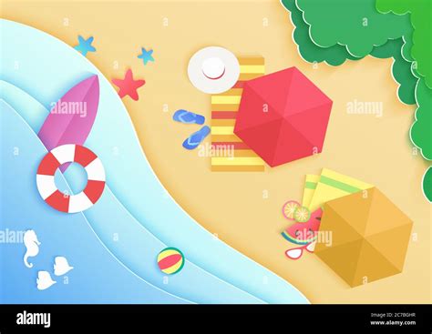 Top View Cartoon Ocean Sea Beach Background With Umbrellas Swim Donuts