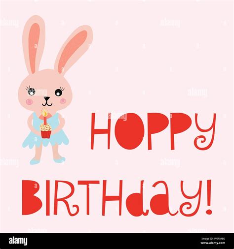 Happy Birthday Card Bunny Cute Vector Illustration For Kids Birthday