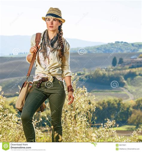 Active Woman Hiker On Tuscany Hike Looking Into Distance Stock Image