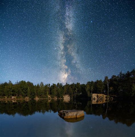Lake At Night With Milky Way Reflection On Water Stock Photo Image Of
