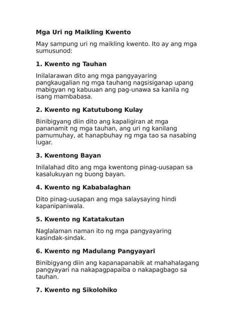 Mga Uri Ng Maikling Kwento Ito Ay Ang Mga Sumusunod 1 Kwento Ng