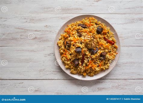 Plate Of Meat Pilaf Asian Dish Top View Stock Image Image Of