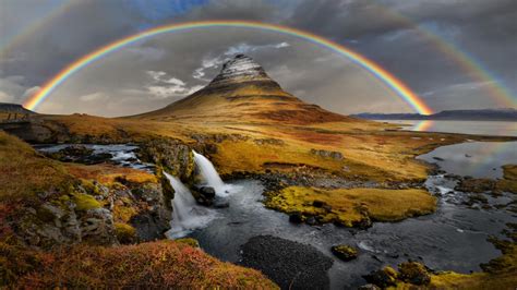 Sky Lake Rocks Waterfalls Rainbow Wallpaper Hd