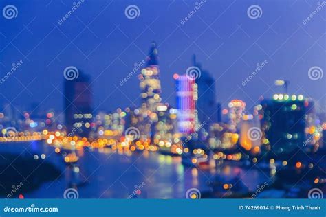 City Lights Big Abstract Circular Bokeh On Blue Background Stock Photo