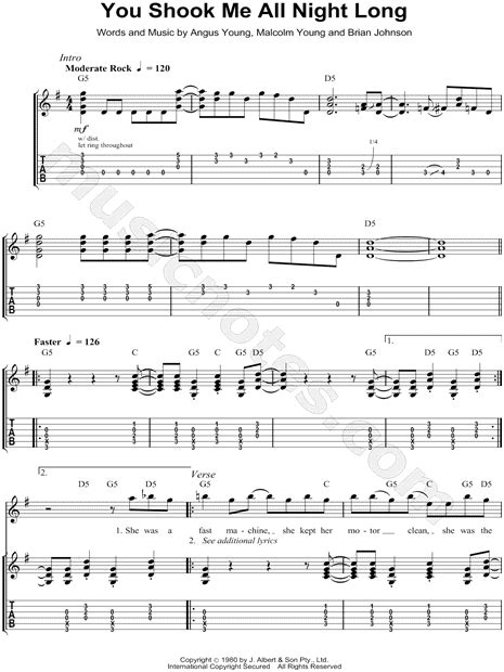 Acdc You Shook Me All Night Long Guitar Tab In G Major Download
