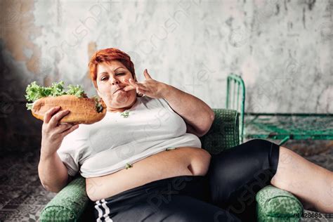 Fat Woman Eats Sandwich Overweight Fatty Stock Photo 1428685