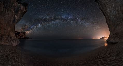Landscape Nature Starry Night Milky Way Cave Beach Sand Sea Lights Galaxy Sky Long