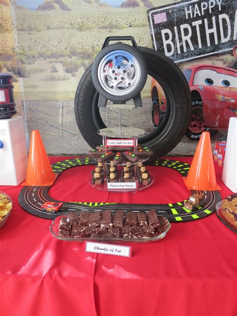 Cars Racing Track Decorations With Slices Of Tar Chocolate Brownies