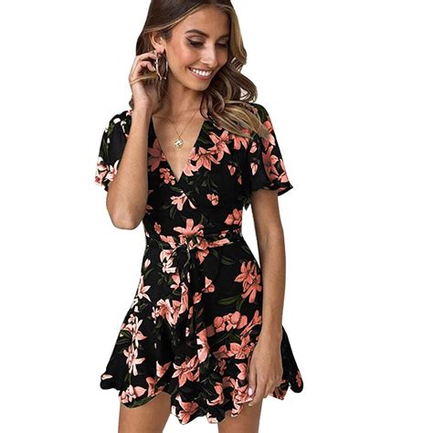 Summer Women Dress 2019 Sexy Bohemian Floral Tunic Women Ladies Deep V