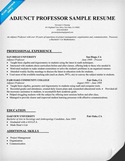 Being hired as an english teacher can happen if you get your cv to demonstrate how skilled and qualified you are for the position. Resume Example for Adjunct Professor (resumecompanion.com) | Bucket List | Pinterest | Sample ...