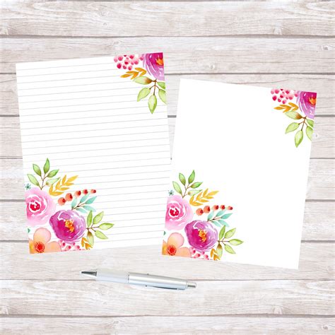 Watercolor Floral Printable Letter Writing Note Paper Digital Etsy