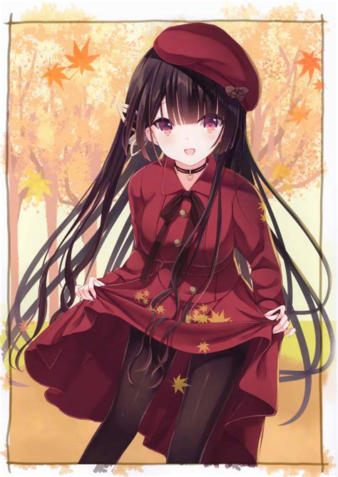 Humuyun Original Absurdres Highres Scan Girl Autumn Leaves Beret Black Hair Black