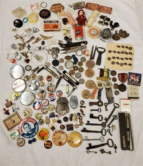 Antique Junk Drawer Lot Railroad Pins Pocket Watch Keys Silver Coin Knives Antique Price