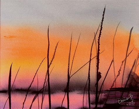 Robins Sunset Grass Painting Watercolor Sunset Landscape Art