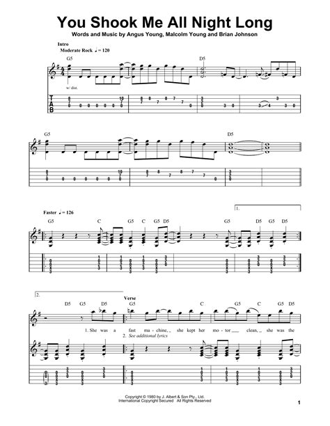 You Shook Me All Night Long Sheet Music Acdc Easy Guitar Tab
