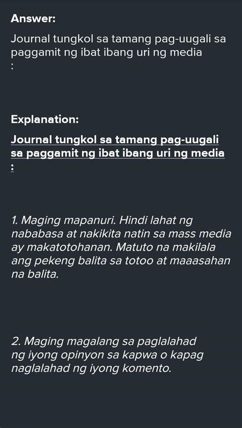 Journal Tungkol Sa Tamang Pag Uugali Sa Paggamit Ng Ibat Ibang Uri Ng Media Brainlyph