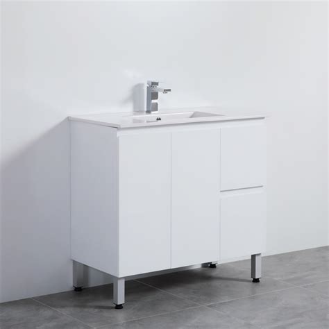 Pvc Bathroom Cabinet White Lacquer Waterproof Vanity Floor Mounted