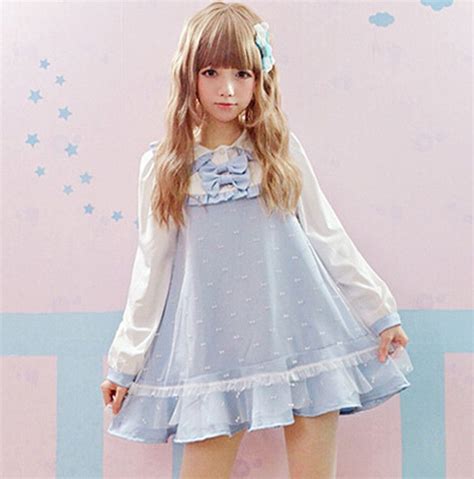 new design 2015 autumn cute kawaii dresses long lantern sleeve doll collar dress bow gauze frill