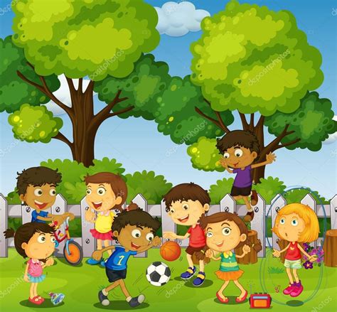 Este quiz de adivinar dibujos animados es gratis. Niños jugando juegos y deportes en el Parque — Vector de ...