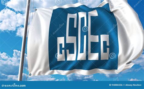Waving Flag With China State Construction Logo Against Sky And Clouds