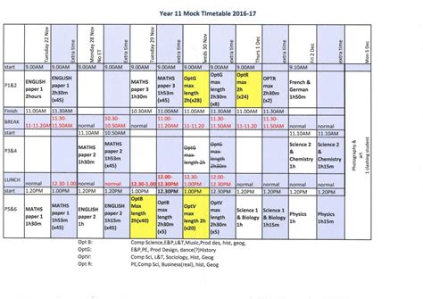 Year 11 Mocks Timetable Wollaston School