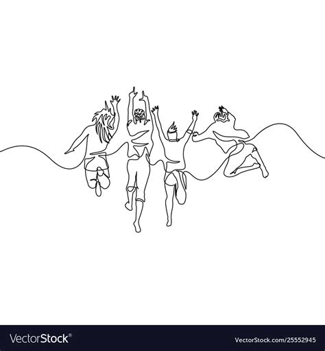 Continuous One Line Drawing Group Jumping Friends Vector Image