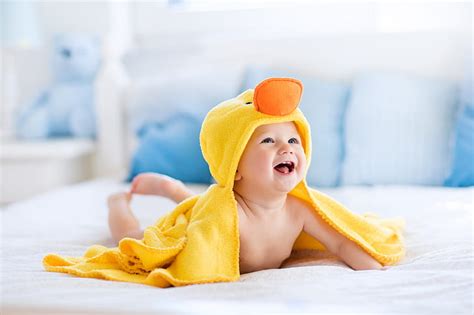 Hd Wallpaper Cute Baby Laugh After Bath Duck Towel Yellow 4k 8k