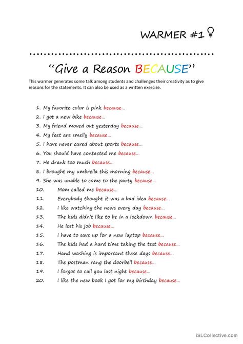 Give A Reason Why Warmer Filler English Esl Worksheets Pdf And Doc