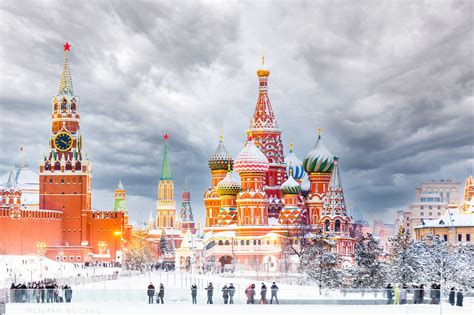 Moscow Russia Kremlin Red Square Cathedral Winter Snow People Sky