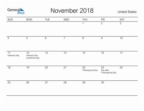 Printable November 2018 Monthly Calendar With Holidays For United States