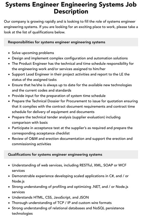 Systems Engineer Engineering Systems Job Description Velvet Jobs