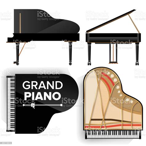 Ikon Set Grand Piano Hitam Vektor Dengan Bayangan Keyboard Realistis Ilustrasi Terisolasi