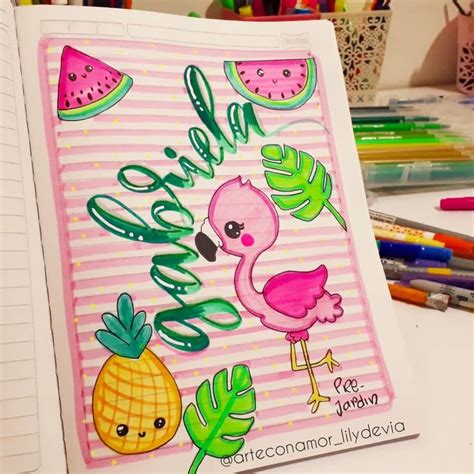 A Pink Flamingo With Watermelon And Pineapples On It Is Next To A Notebook