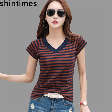 Camisas Mujer 2022 Striped Tshirt V Neck T Shirt Women Printed T Shirt Tee Shirt Femme Summer