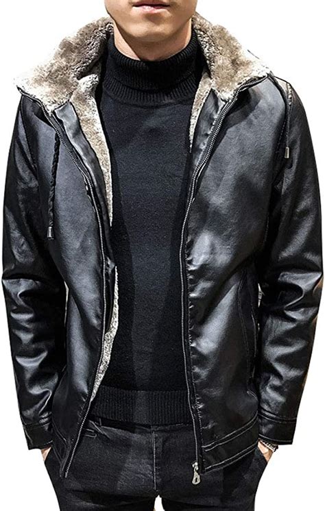 Winter Men S Leather Jacket Lapel Hooded Classic Zipper With Thickness