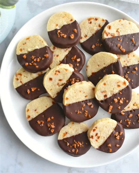 Chocolate Dipped Toffee Shortbread Cookies Herbs And Flour