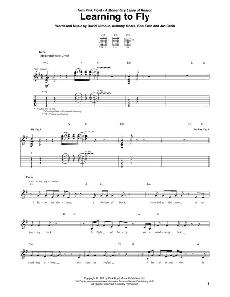 Learning To Fly Sheet Music Pink Floyd Guitar Tab