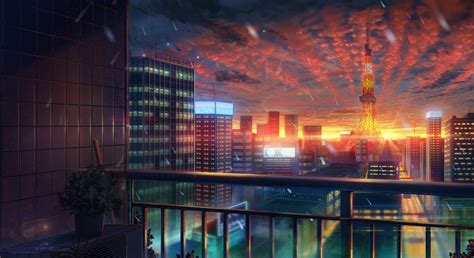Download 1980x1080 Anime City Tokyo Tower Sunset Buildings Clouds