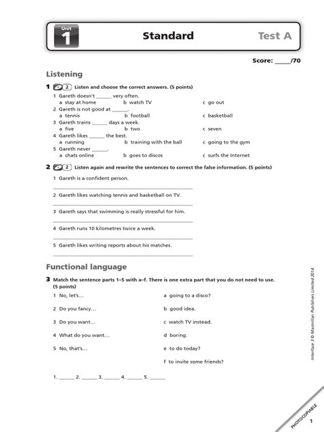 Unit 1 Standard Test A sprawdzian klasa 2 gimnazjum angielski dzial 1