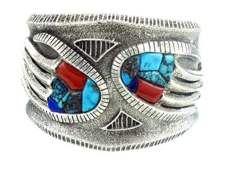 Philander Begay Coral Turquoise Inlay Bear Claw Sterling Bracelet