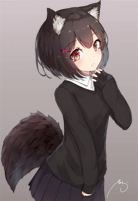 Anime Girl With White Wolf Ears And Tail